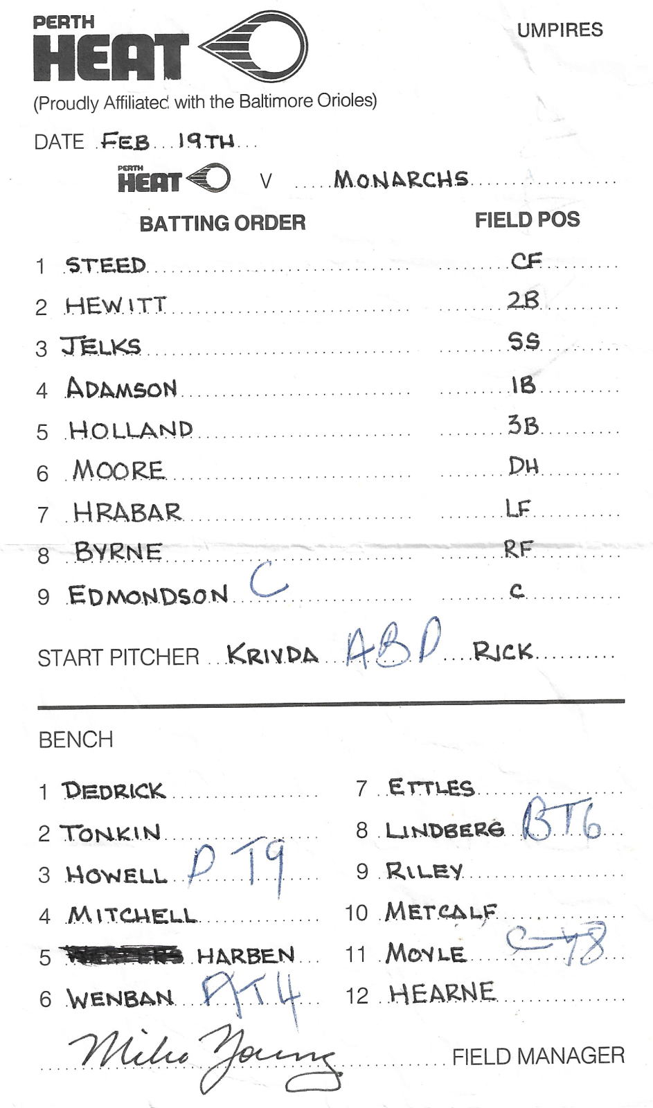 1990 Perth Heat baseball team lineup sheet Collections WA
